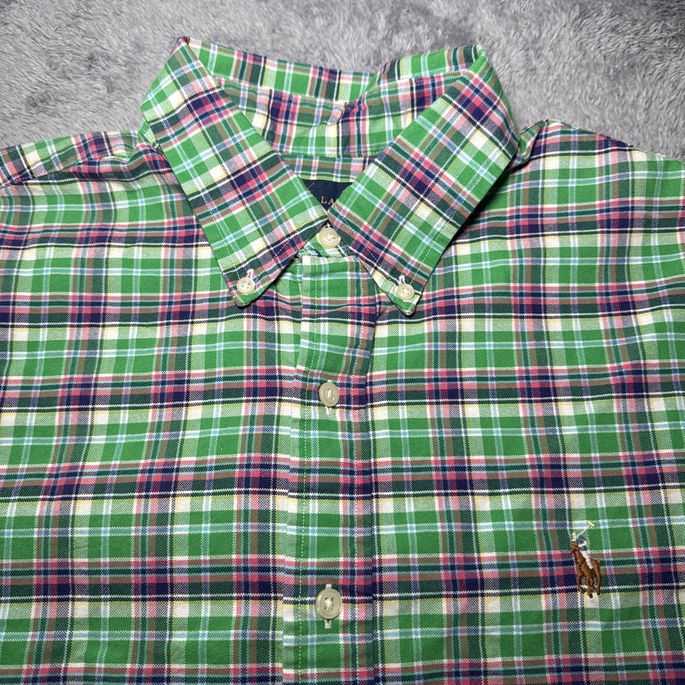 Ralph Lauren Slim Fit Men's SZ L Short Sleeve Button Down Shirt Plaid Flesh Pony